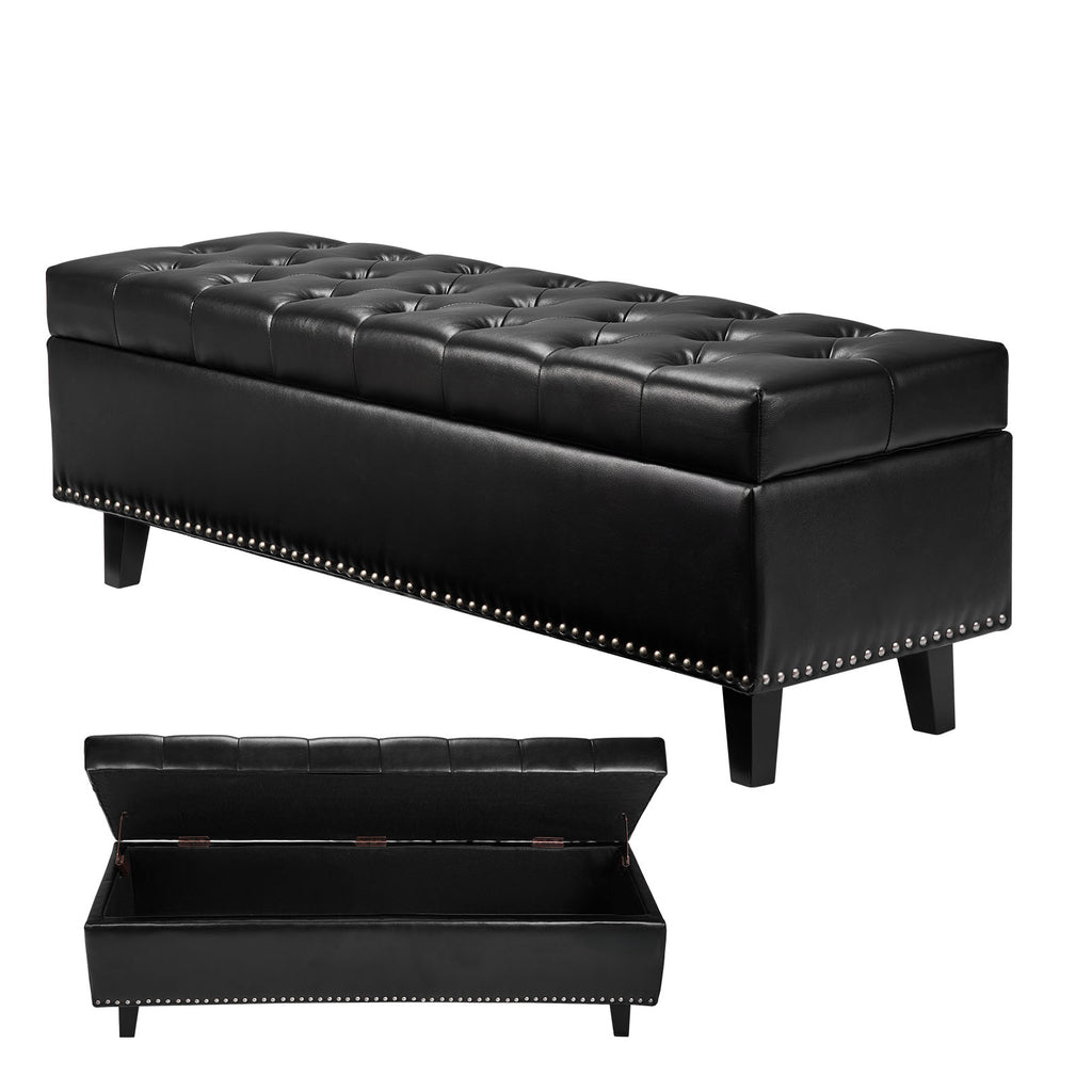 Button-Tufted Storage Ottoman Bench PU Leather Bench with Wood Legs Black