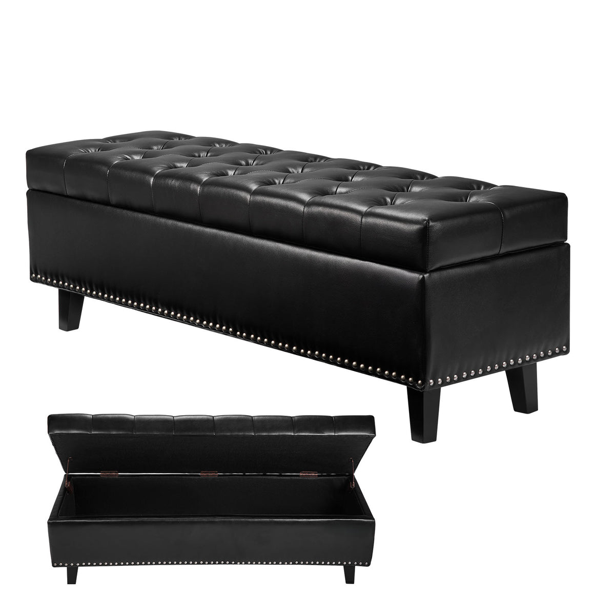 Button-Tufted Storage Ottoman Bench PU Leather Bench with Wood Legs Black