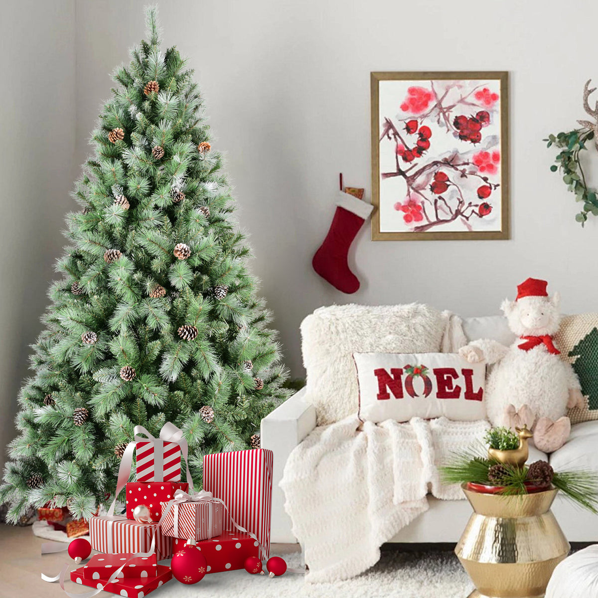 7.5FT Christmas Tree with 92 Pine Cones – 1588 Tips, Mixed PVC & Hard Needle Branches, Hinged Structure for Easy Setup, Sturdy Metal Stand – Realistic Full Holiday Tree