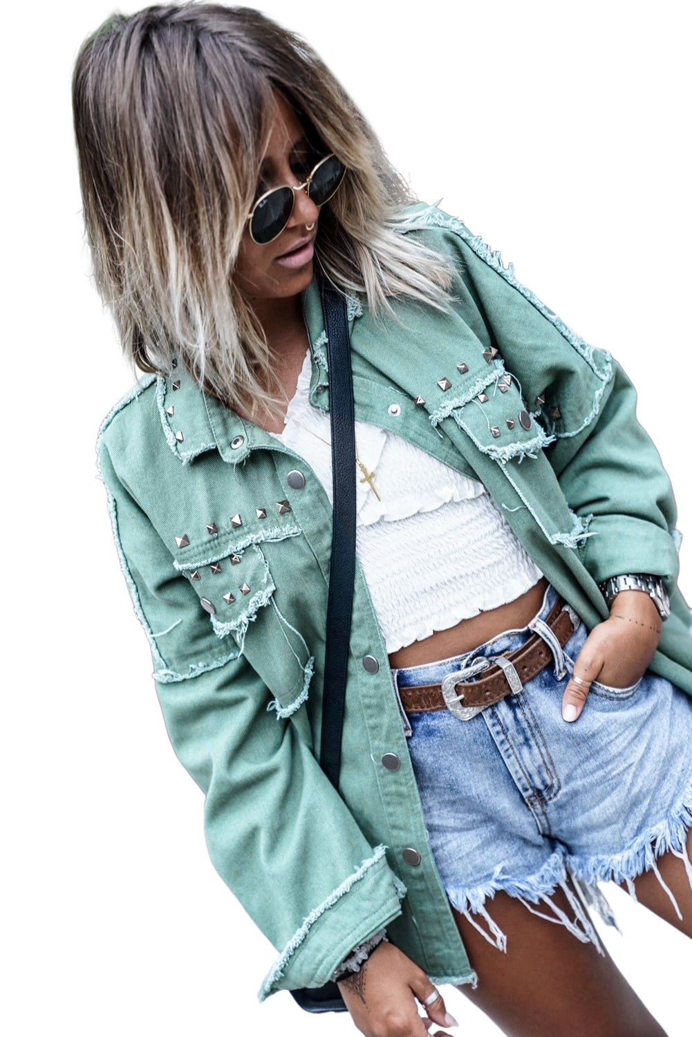 Wholesale Green Frayed Trim Vintage Rivet Denim Jacket - Eloy Royal