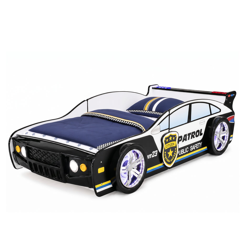 84' Kids Police Car Bed Frame, Patrol Car Design with LED Wheel Lights and Flashing Red & Blue Lights