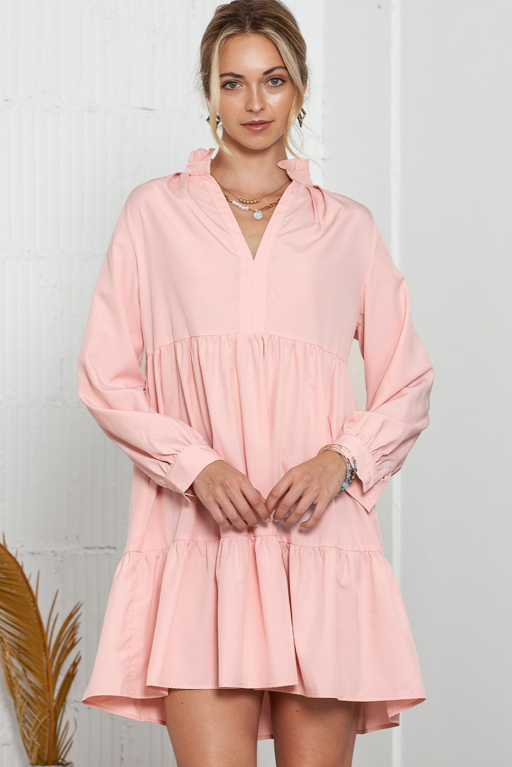 Pink Casual Stand V Neck Short Frill Dress - Eloy Royal