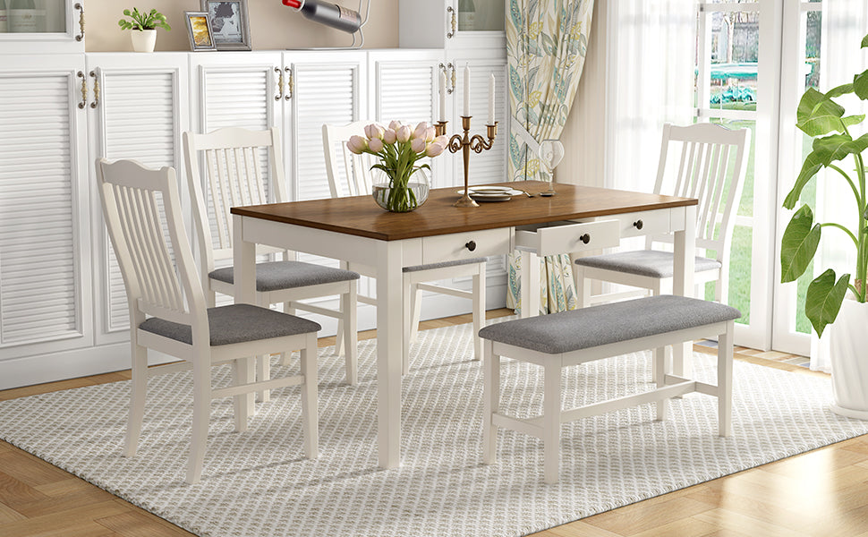 Tarascon 6-Piece Mid-Century Dining Set with Drawer and Bench, Buttermilk