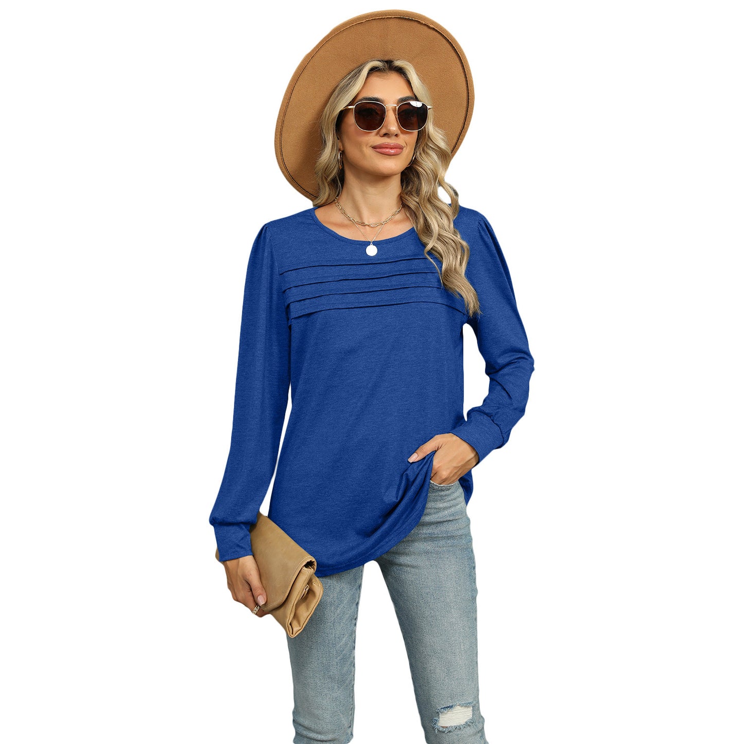 Solid Color U-neck Pleated Long-sleeved T-shirt Top For Women