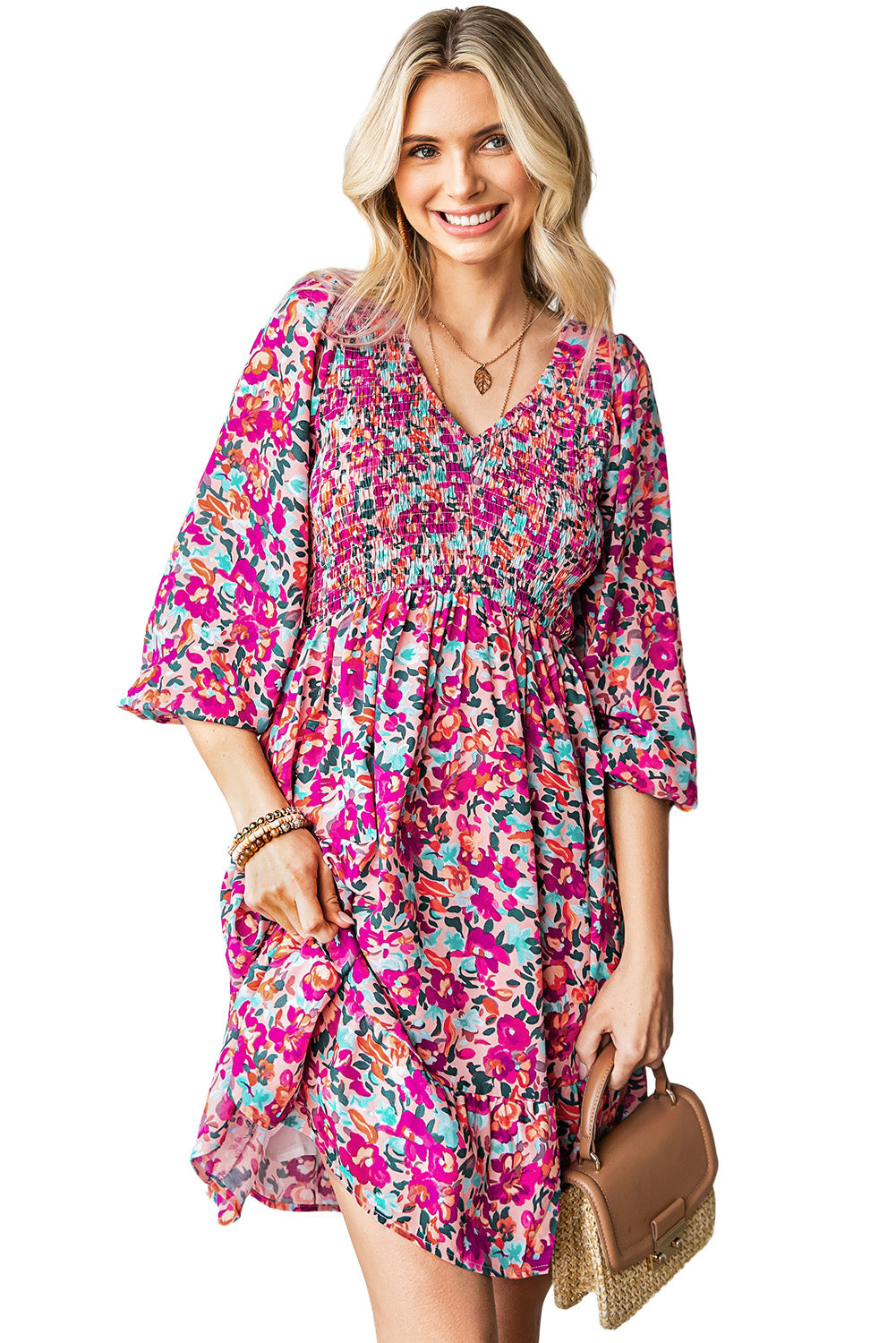 Purple Floral Print Long Sleeve Flounce Hem V Neck Smocked Dress - Eloy Royal