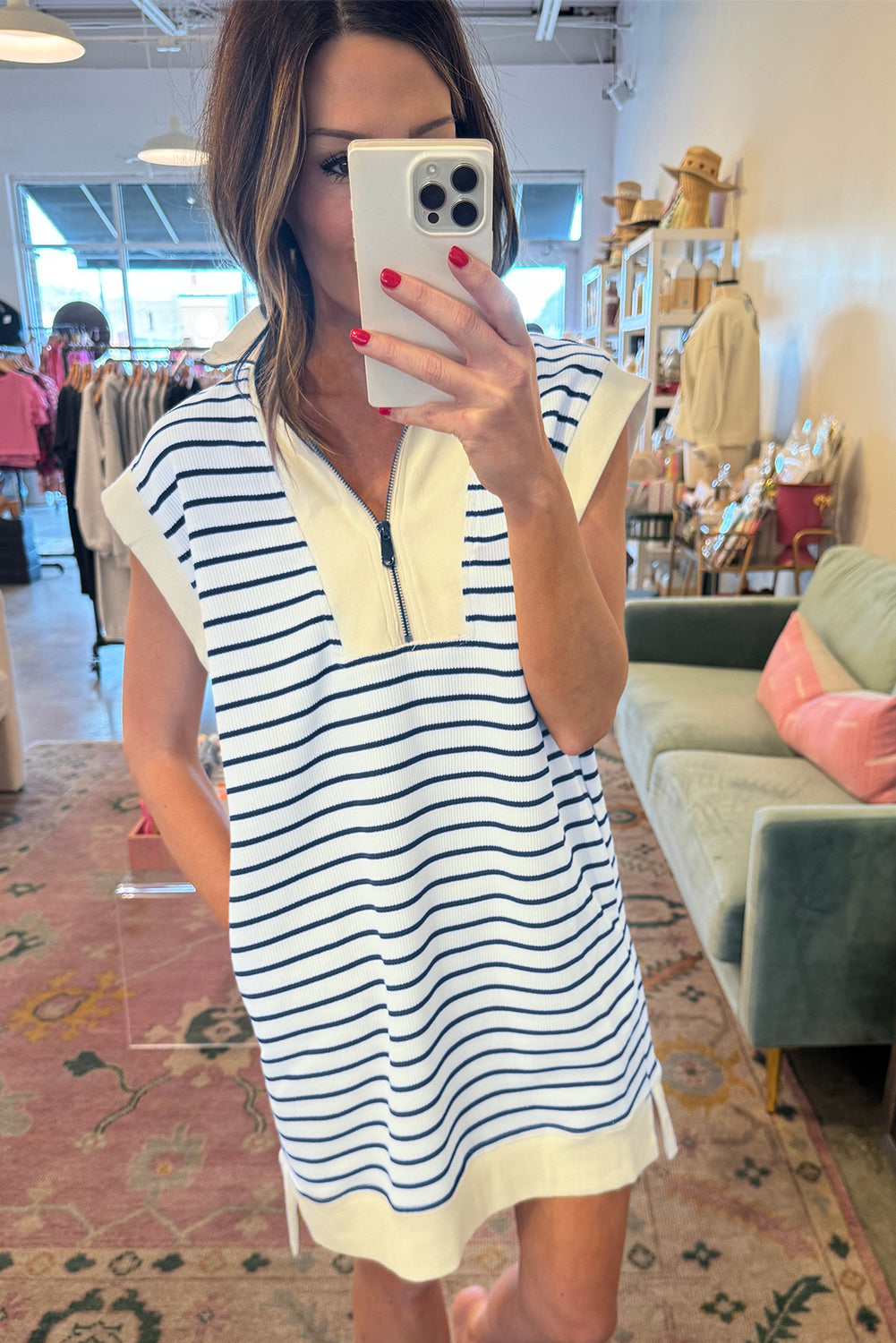 Navy Blue Striped Quarter Zip Collar Cap Sleeve Mini Dress - Eloy Royal