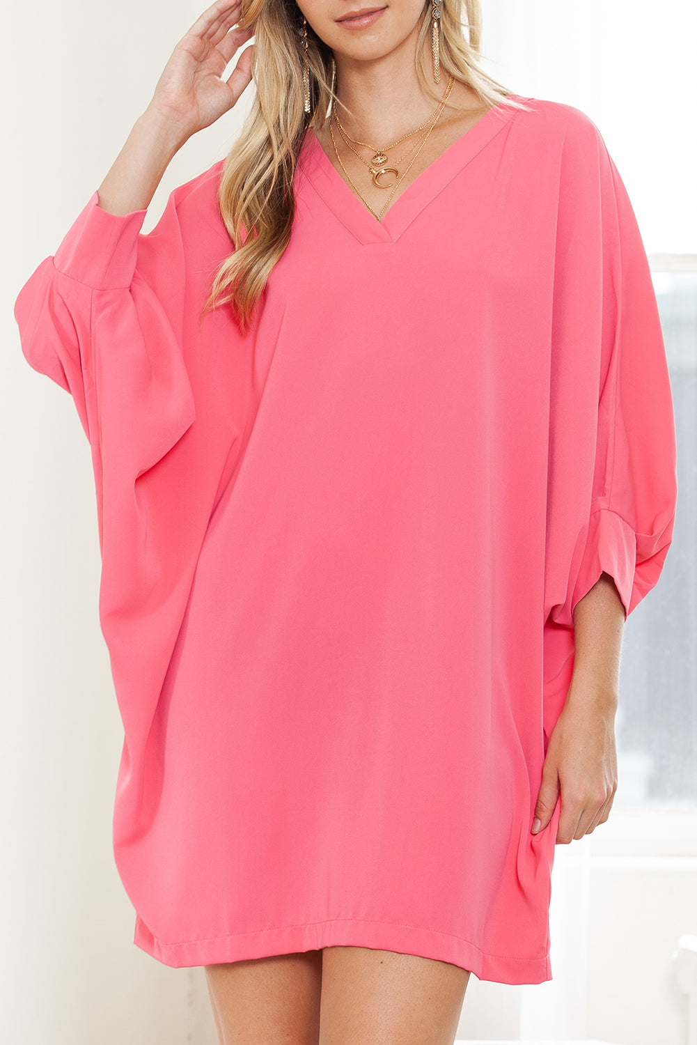 Strawberry Pink Solid Color V Neck 3/4 Sleeve Dress - Eloy Royal