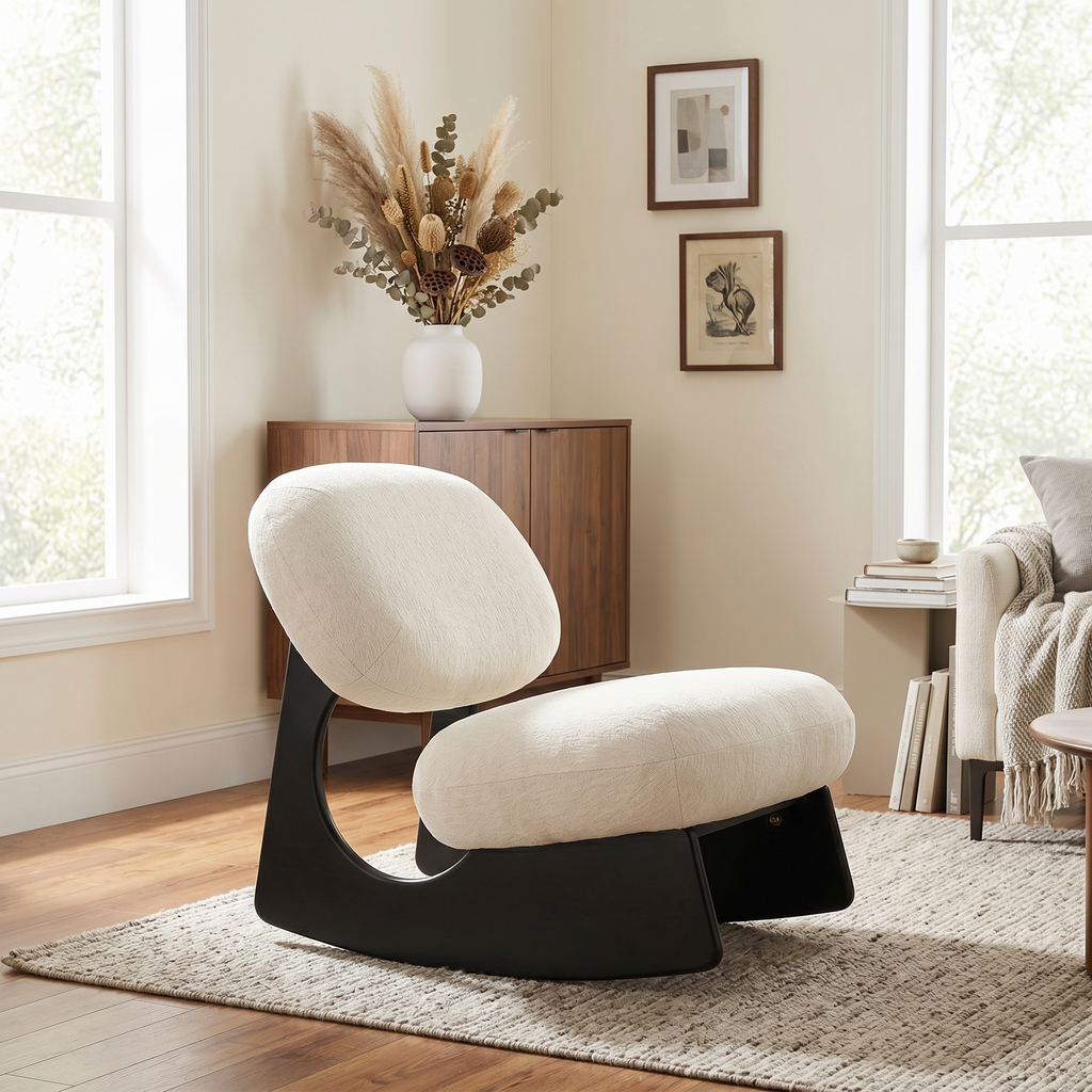 Elysee Curved Base Rocking Chair, Off-White & Black Chenille