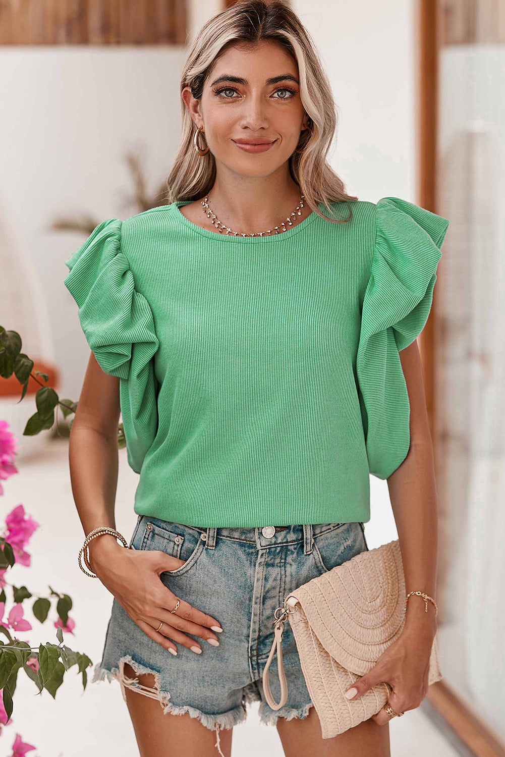 Green Solid Color Ruffle Sleeve Ribbed Blouse - Eloy Royal