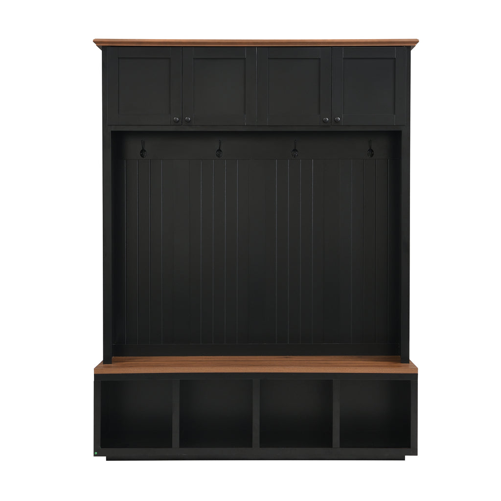 59''W Entryway Hall Tree with Bench and Storage, Farmhouse Wood-grain Accent 4-in-1 Hall Tree with Cabinets, Coat Racks and Hooks for Hallway, Entryway, living room and Mudroom