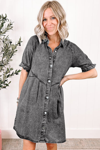 Blue Mineral Washed Ruffled Short Sleeve Pocketed Denim Dress - Eloy Royal