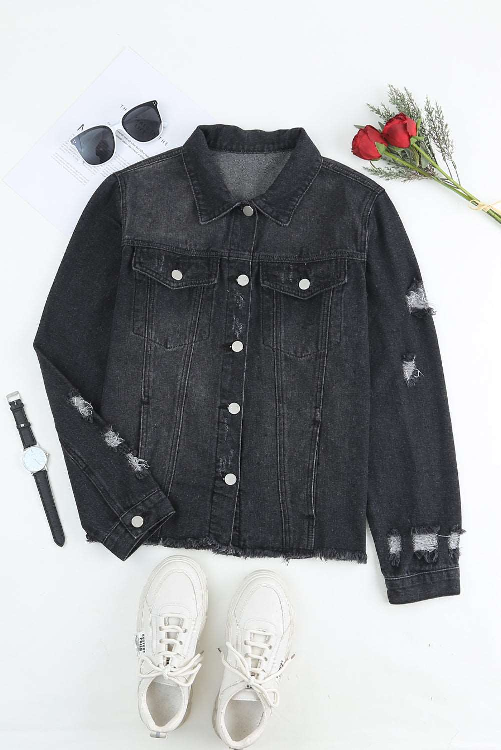 Black Casual Distressed Raw Hem Buttons Denim Jacket