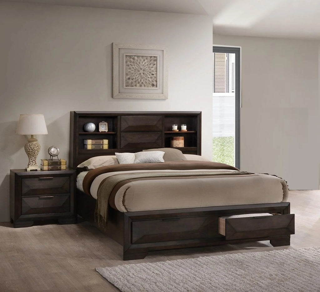 Modern Functional Est King Size Bed w Storage HB FB 2x Nightstands Espresso 3pc Bedroom Set Furniture