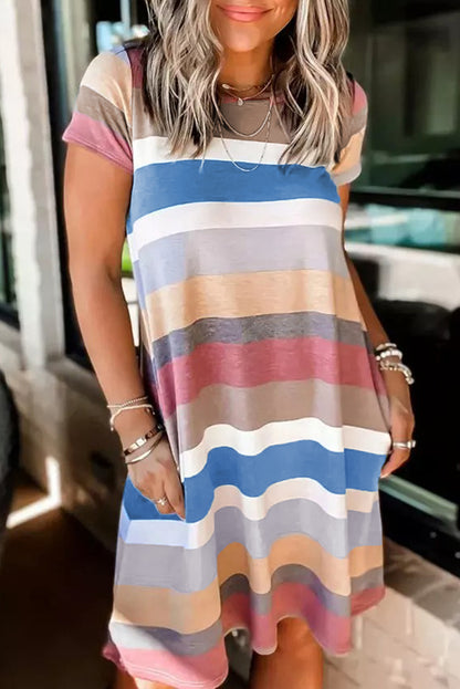 Multicolor Striped Casual Pocket Color Block T Shirt Dress - Eloy Royal