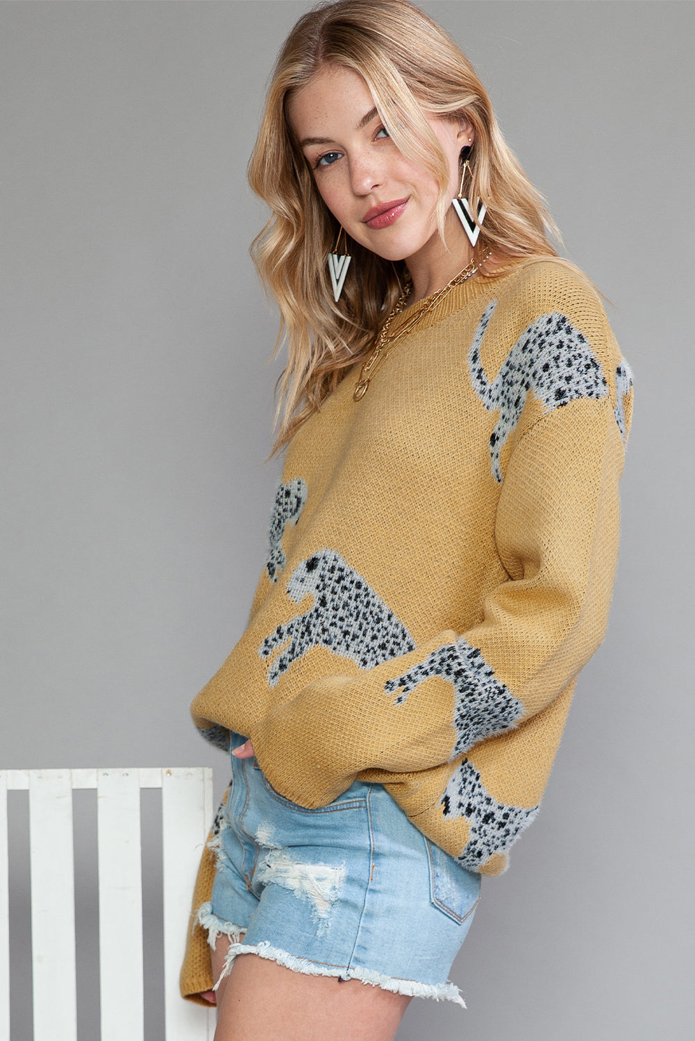 Wholesale Camel Color Animal Print Drop Shoulder Knit Sweater - Eloy Royal