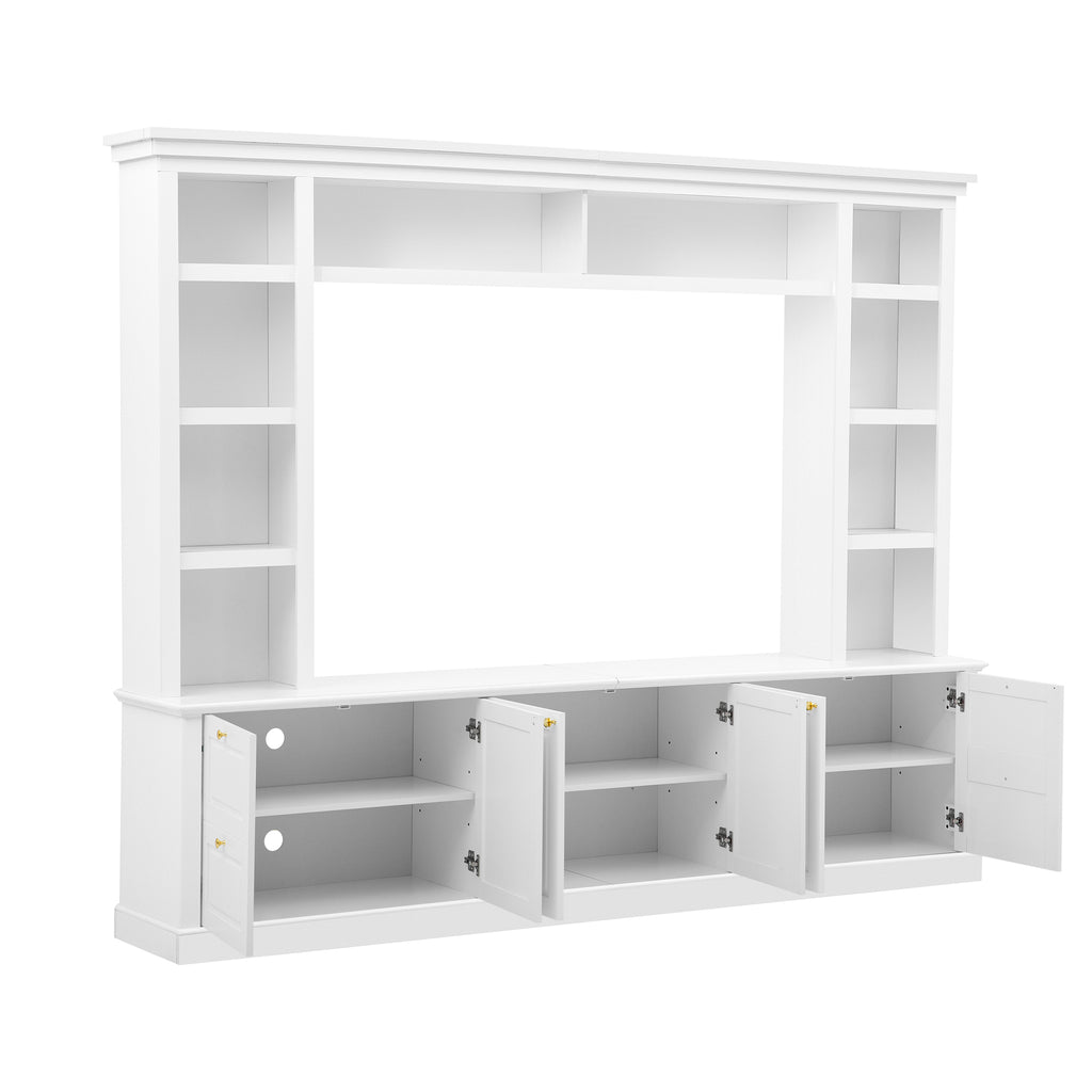 Modern All-in-One TV Stand with Bookcase for TVs up to 70 inch, White MDF Entertainment Center with 3 Adjustable Shelves, Living Room Display Storage Cabinet