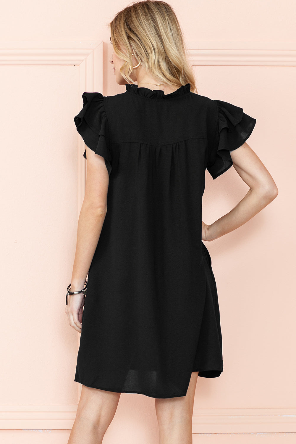 Black Ruffle Sleeve V Neck Frilled Shift Dress - Eloy Royal