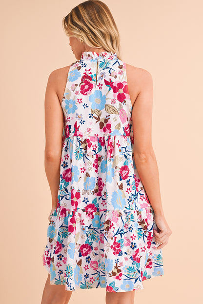 White Frill Mock Neck Sleeveless Tiered Floral Dress - Eloy Royal