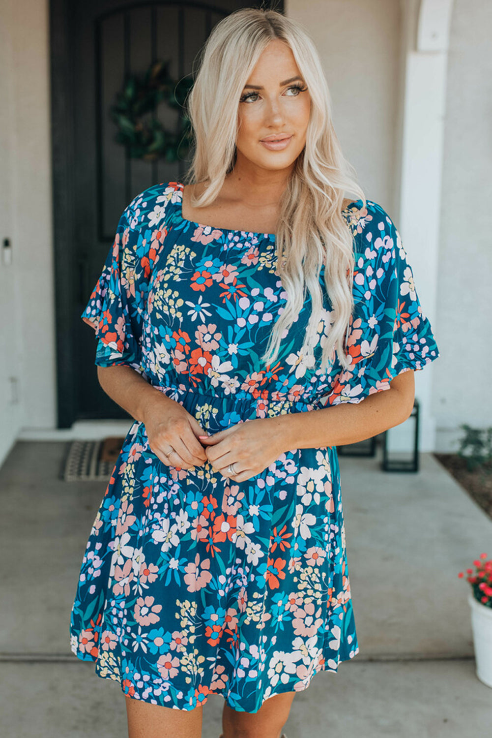 Dark Blue Bohemian Floral Print Off Shoulder Short Dress - Eloy Royal