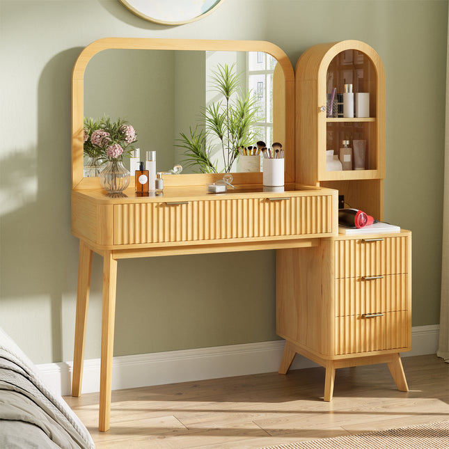 48 in Fluted Makeup Vanity Desk with Large 32 in Mirror with