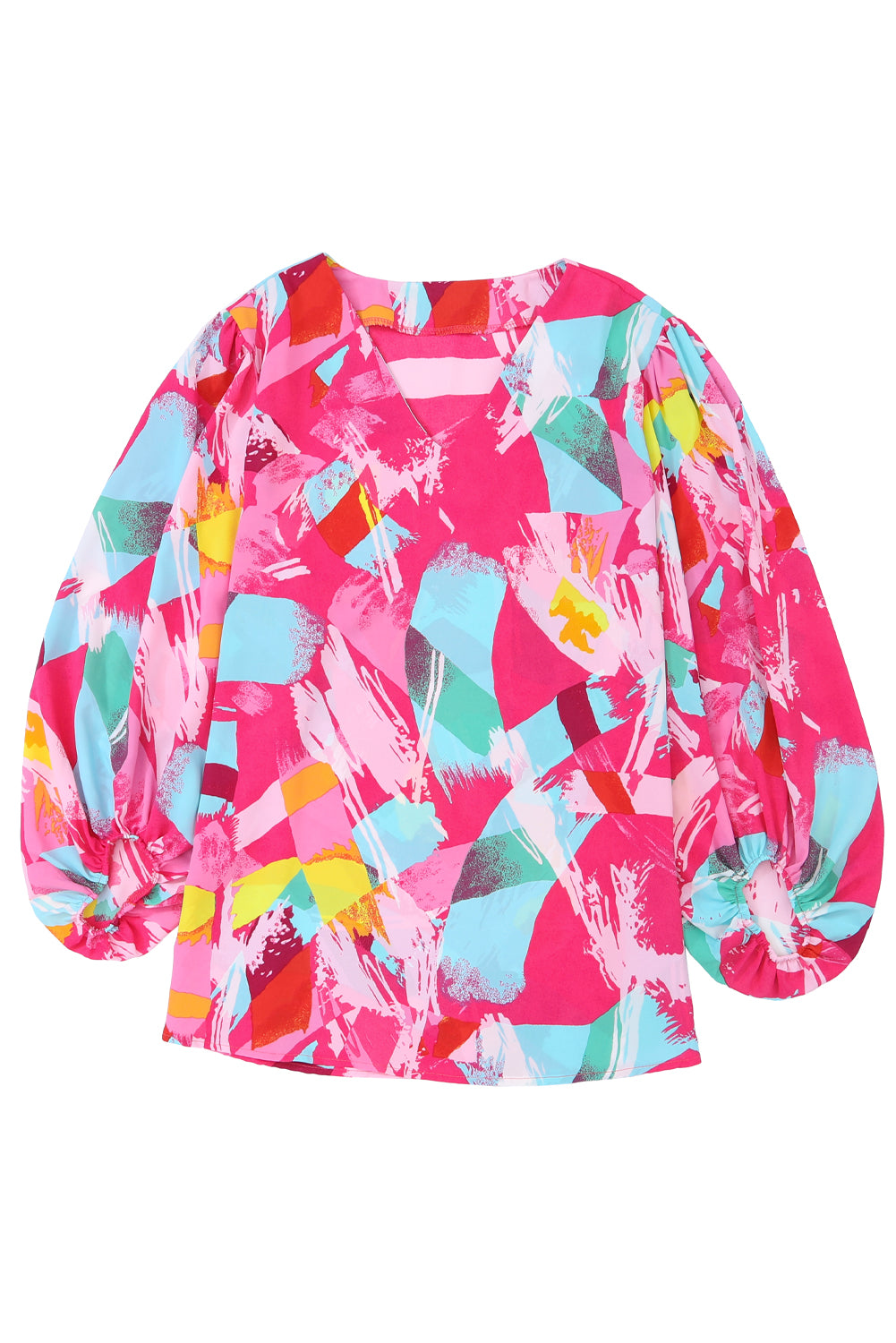 Pink Plus Size Graffiti Print Split Neck Puff Sleeve Blouse - Eloy Royal