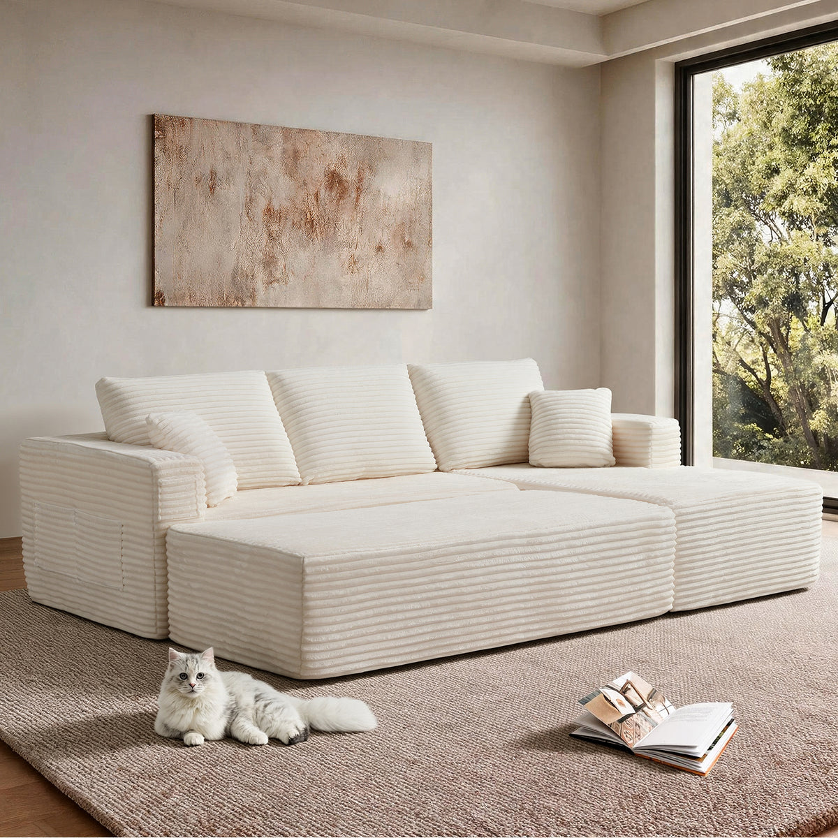 100.39' Modular Sectional Sofa with Long-Shape Chaise,Modern Modular Sofa wite Deep Seat,Free Combination,No Assembly Required,Compressed Packaging,Pocket Spring and Foam,Plush Fabric Beige(R-Shape)