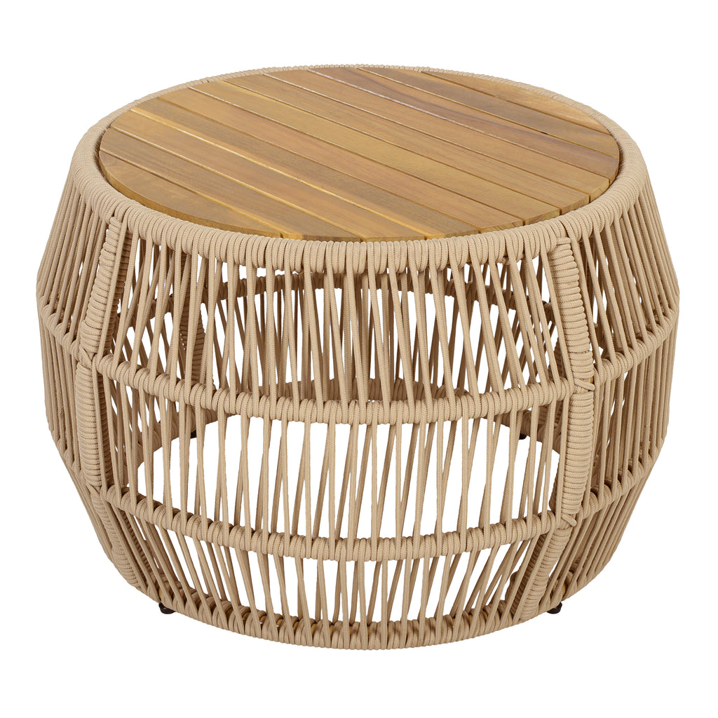 Round Acacia Wood Side Table with Light Beige Rope Frame, Teak Finish Top, 150 lbs Capacity, No Assembly Required, Weather-Resistant Accent Table for Patio Backyard Living Room