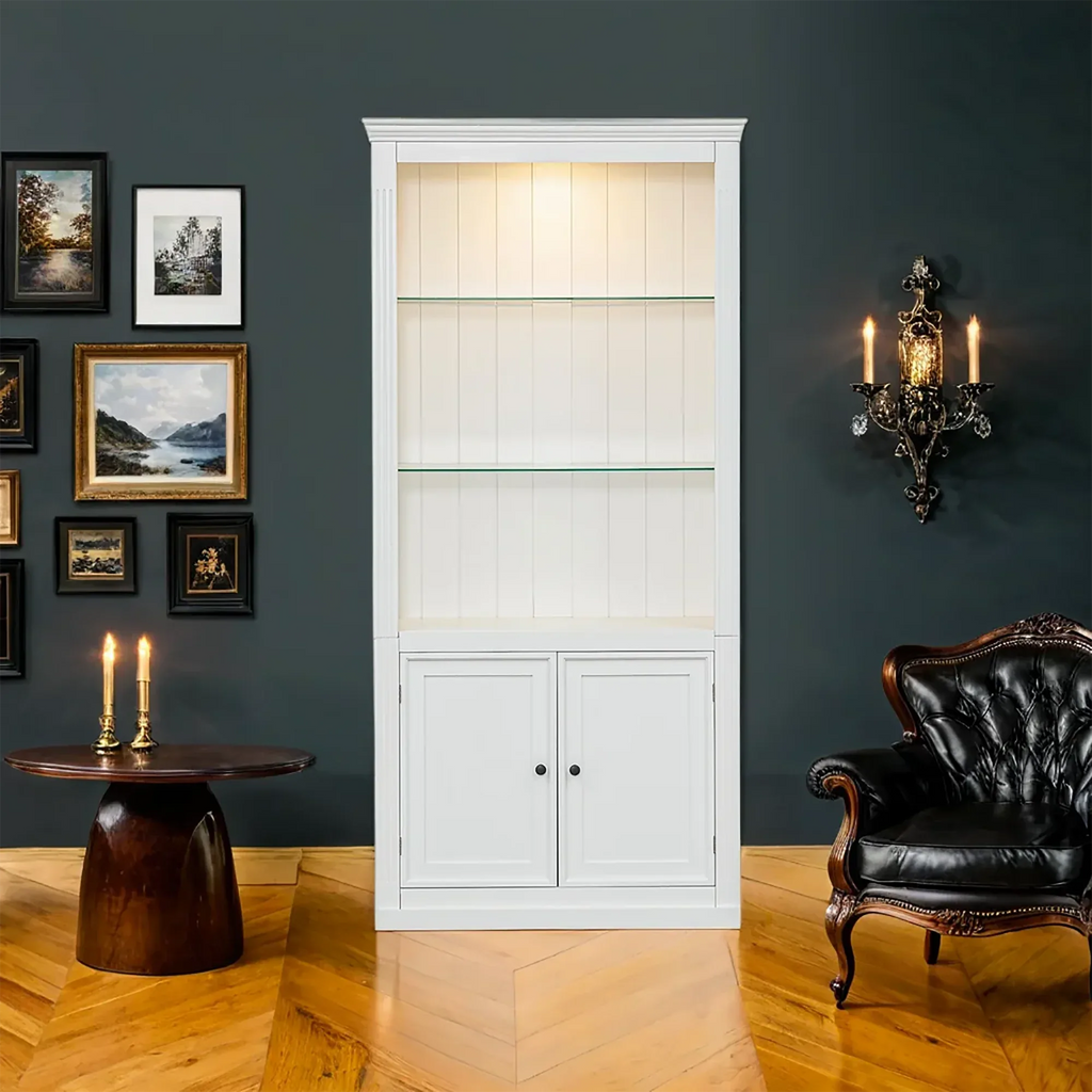 78.75''H 4-Tier Display Shelf, with 5-Colors Dimmable Ceiling Light, Freestanding Farmhouse Bookcases with Storage & Doors, Bookshelf with Adjustable Glass Shelves for Home & Office - White - Eloy Royal