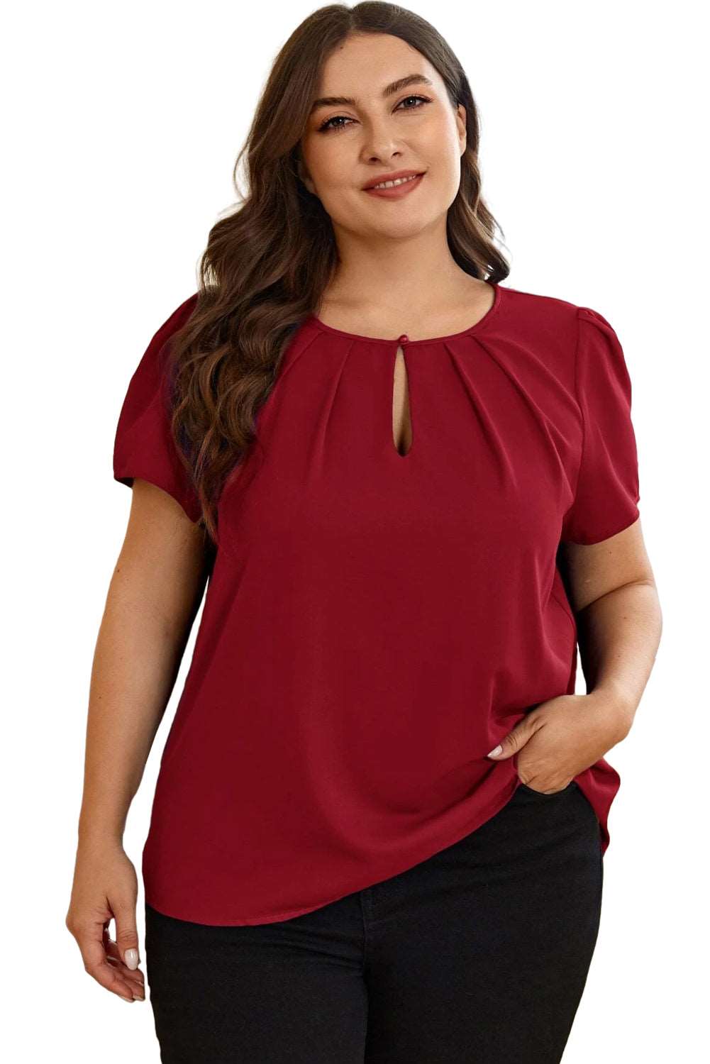 Black Keyhole Crew Neck Pleated Plus Size Top