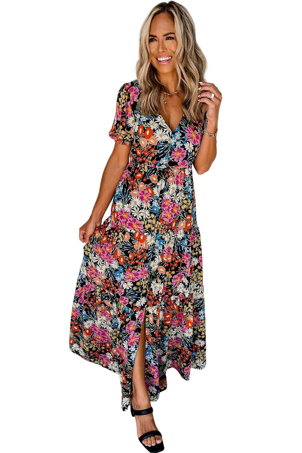 Black Boho Floral Print Deep V Tiered Maxi Dress