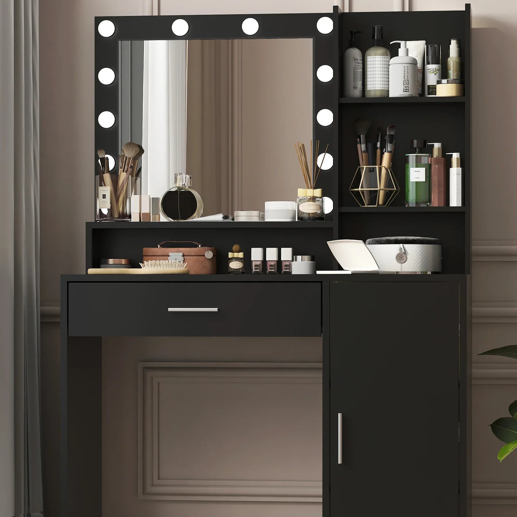 Vanity Desk with Mirror & Light, Large Drawer Three Level Storage Dresser, 3 Lighting Modes Adjustable Brightness, Bedroom Dressing Table(black) - Eloy Royal