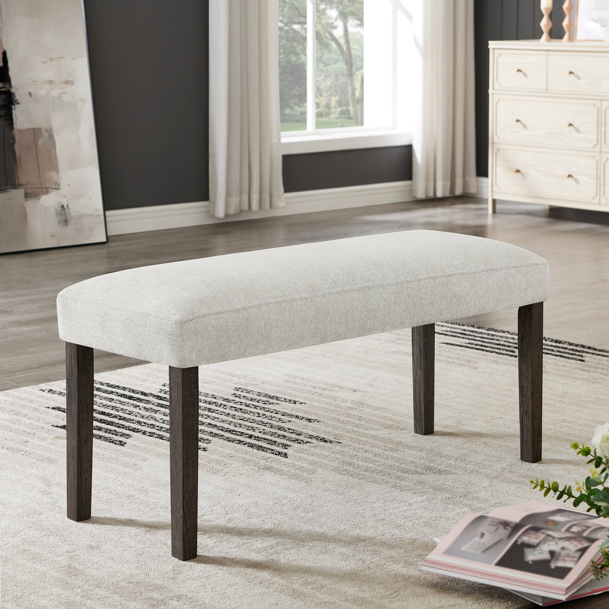 Sorlen Contemporary Gray Upholstered Dining Bench with Walnut Wood Finish