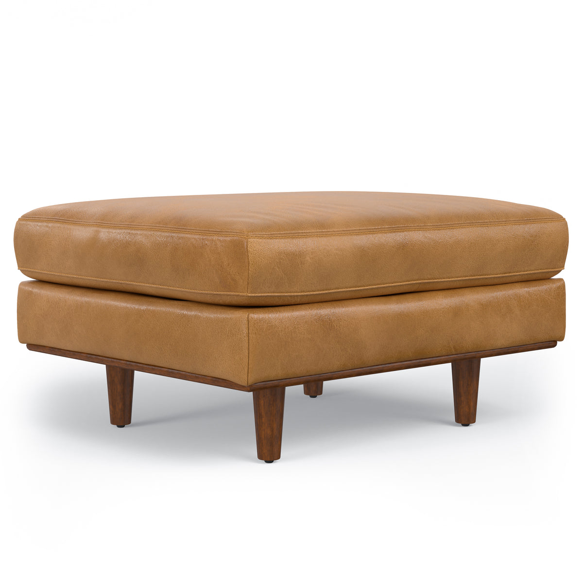 Morrison Ottoman in Sienna Genuine Leather: Mid-Century Modern Footrest with High-Density Foam and Solid Wood Frame, Light Brown Leather, 28 x 33 x 18 inches