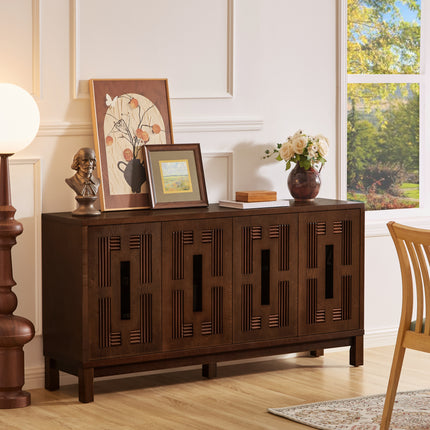 60.7' Mid Century Modern Sideboard Buffet Cabinet with Storage, TV Media Console Table with Carved Openwork Design, Storage Cabinet with 4 Doors & Adjustable Shelves for Kitchen Living Room Entryway