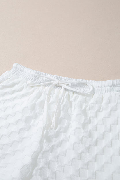 White Textured Split Neck Top and Drawstring Shorts Set - Eloy Royal