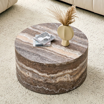 Cave stone patterned MDF round coffee table, 23.6 inches in diameter x 11.8 inches in height, MDF material living room furniture. Suitable for industrial style or minimalist living rooms.