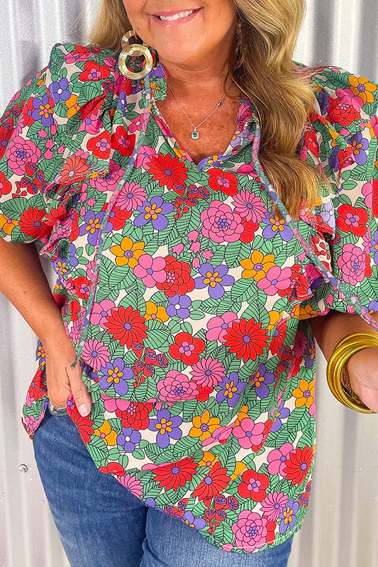 Multicolor Plus Size Floral Print Ruffle V Neck Bubble Sleeve Blouse - Eloy Royal