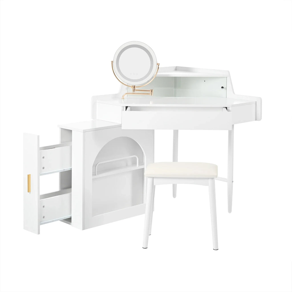 Corner Makeup Vanity Desk With Mirror & LED Lights, Modern Vanity Set With Mirror And Stool, Dressing Table With Large Storage For Small Place, Brightness Adjustable Folding Mirror, White - Eloy Royal