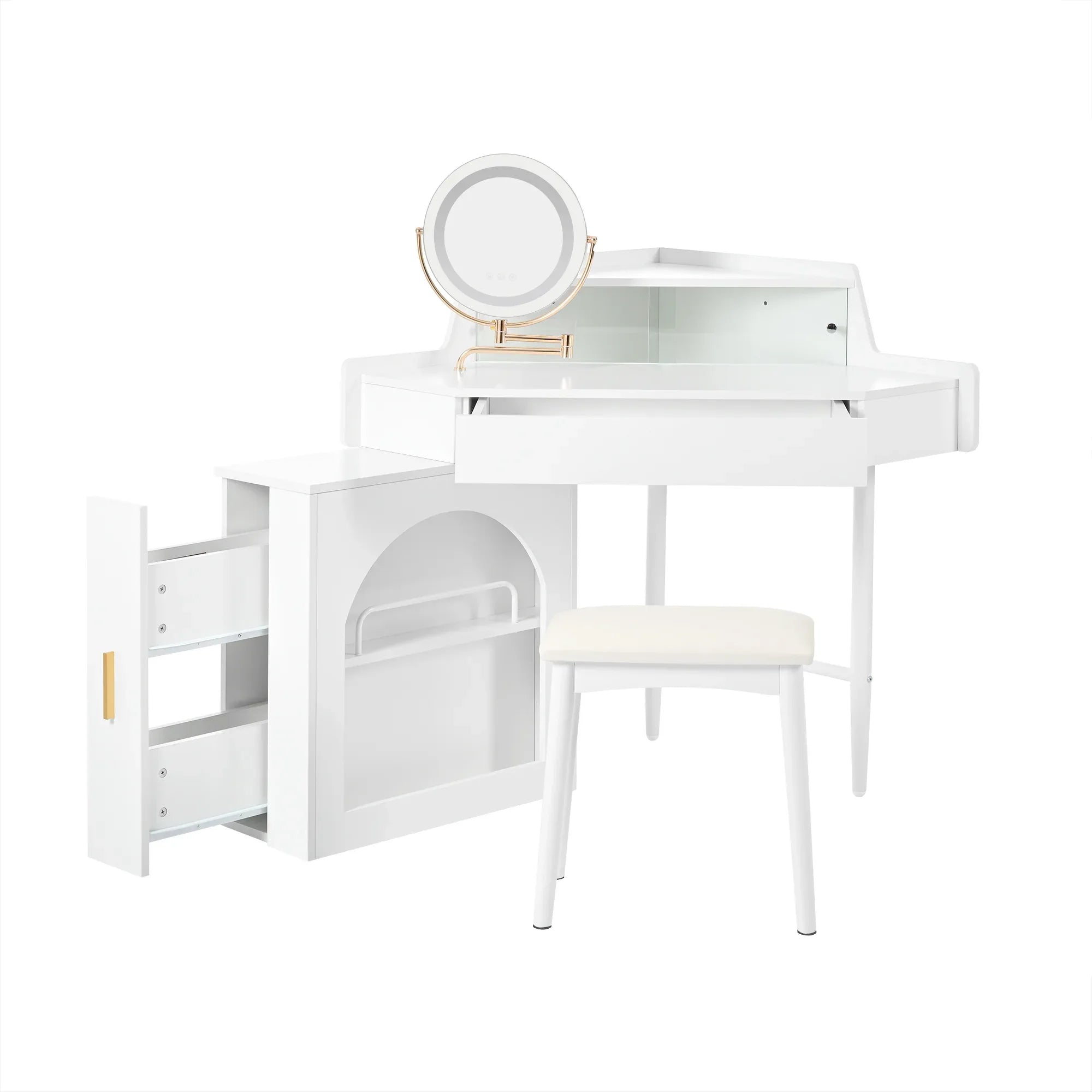 Corner Makeup Vanity Desk With Mirror & LED Lights, Modern Vanity Set With Mirror And Stool, Dressing Table With Large Storage For Small Place, Brightness Adjustable Folding Mirror, White - Eloy Royal