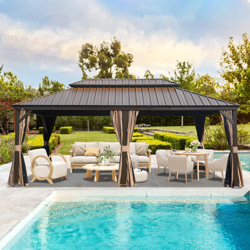 14' X 22' Hardtop Gazebo, Upgraded Metal Gazebo with Drainage System, Dual-Layer Galvanized Steel Roof, Curtain and Netting, Outdoor Shelter Canopy for Patio, Garden, and Backyard, Brown
