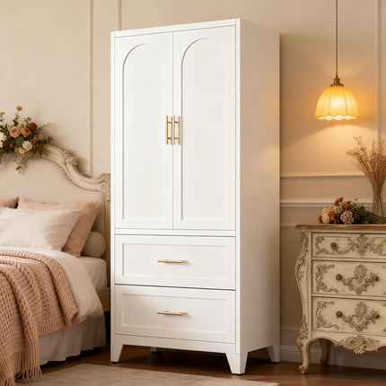 71' Tall Metal Wardrobe Cabinet with 2 Drawers and Hanging Rod, 2 Doors Wardrobe Closet with Shelf for Bedroom, Office, Laundry Room,Entryway ,Foyer,Guesthouse (White)