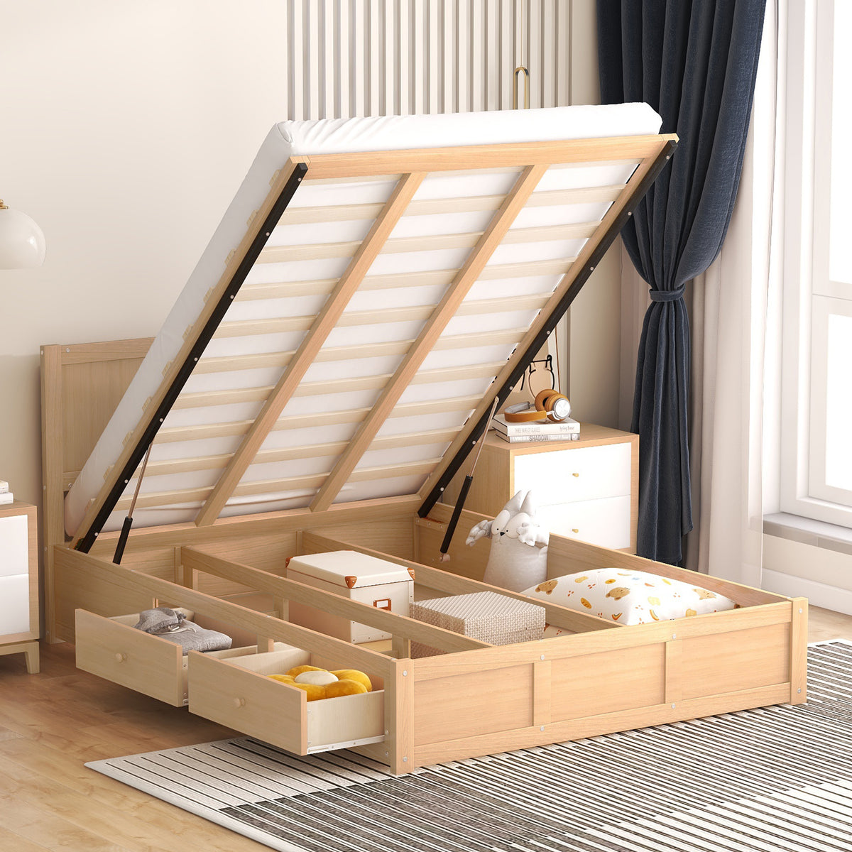 Full Size Wood Platform Bed with Underneath Storage and 2 Drawers Wood Color