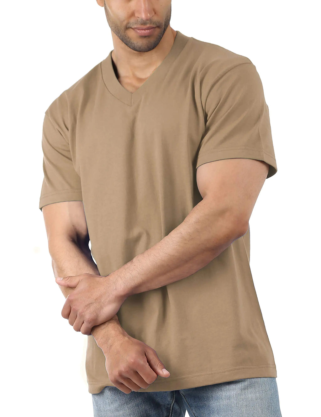 Ma Croix Mens Premium Heavy Blend Comfort V Neck T Shirt Solid Short Sleeve Casual Cotton Tee (2X-Large 1ks13_Khaki) 1ks13_khaki XX-Large