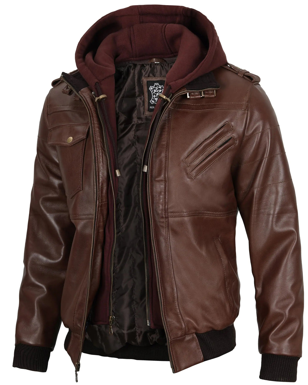 Decrum Men Big And Tall Leather Jacket - Mens Brown Leather Jacket With Removable Hood | [1123004] Dark Brown Edinburgh LT
