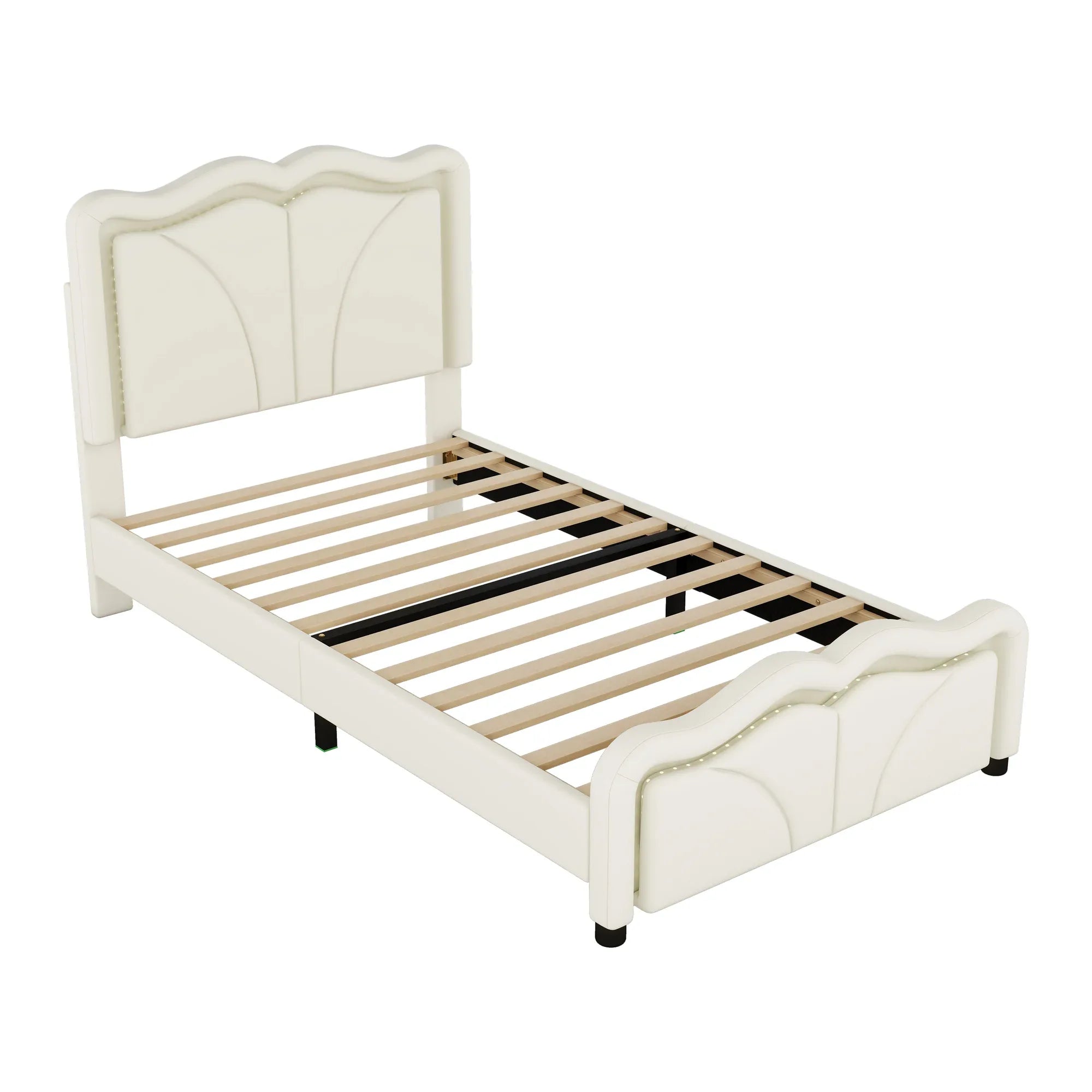 Twin Size Upholstered Platform Bed with Curved Adjustable Headboard and LED Lights, White, Pine Wood MDF PU - Eloy Royal
