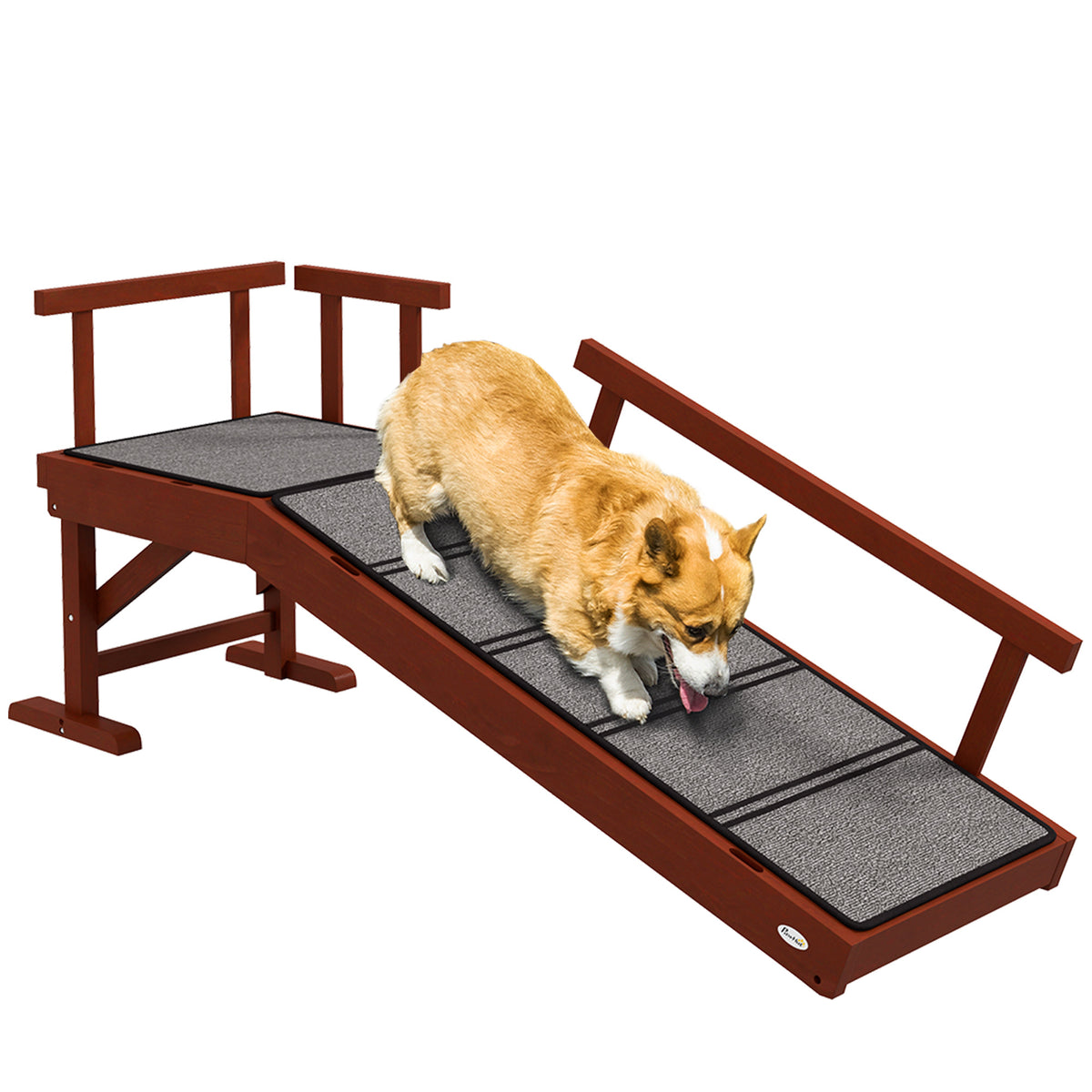 PawHut Dog Ramp, Dog Stairs for Small, Medium & Large Dogs, Pet Ramp for Bed or Couch with Removable Guardrails, Non-Slip Surface, 49' Long, Brown