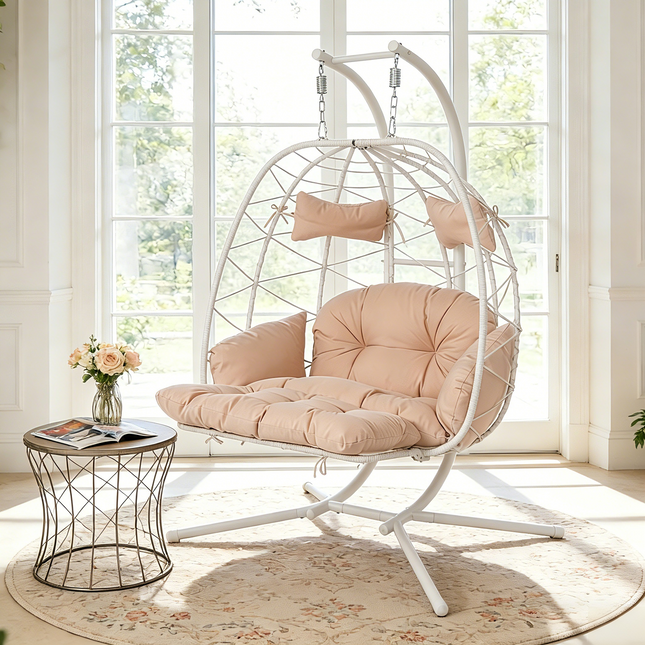 2 Person Hanging Egg Chair with Stand, Double Outdoor Wicker Swing Chair with Adjustable Footrest & Thickened Cushions for Patio Garden Balcony