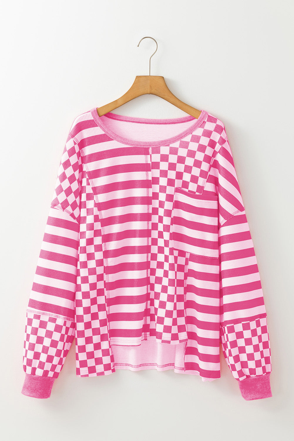 Black Checkered Striped Patchwork Lantern Sleeve Top