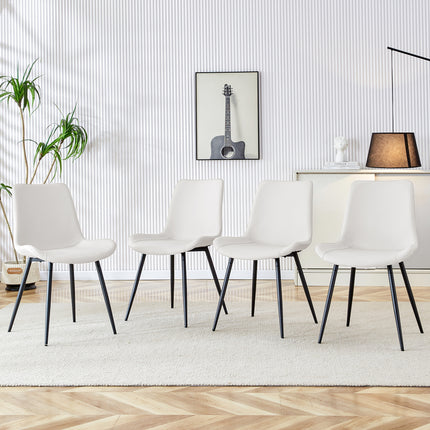 White artificial leather backrest cushion dining chair, black metal legs, curved widened cushion design for more comfort, suitable for restaurants, kitchens, bedrooms, offices.(4 chairs)