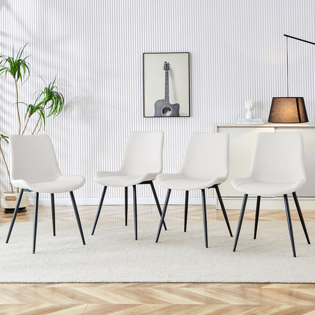 White artificial leather backrest cushion dining chair, black metal legs, curved widened cushion design for more comfort, suitable for restaurants, kitchens, bedrooms, offices.(4 chairs)